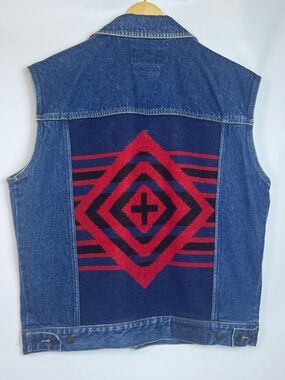 Pendleton Denim Vest Wool Navajo Back Panel Western Trucker - Medium